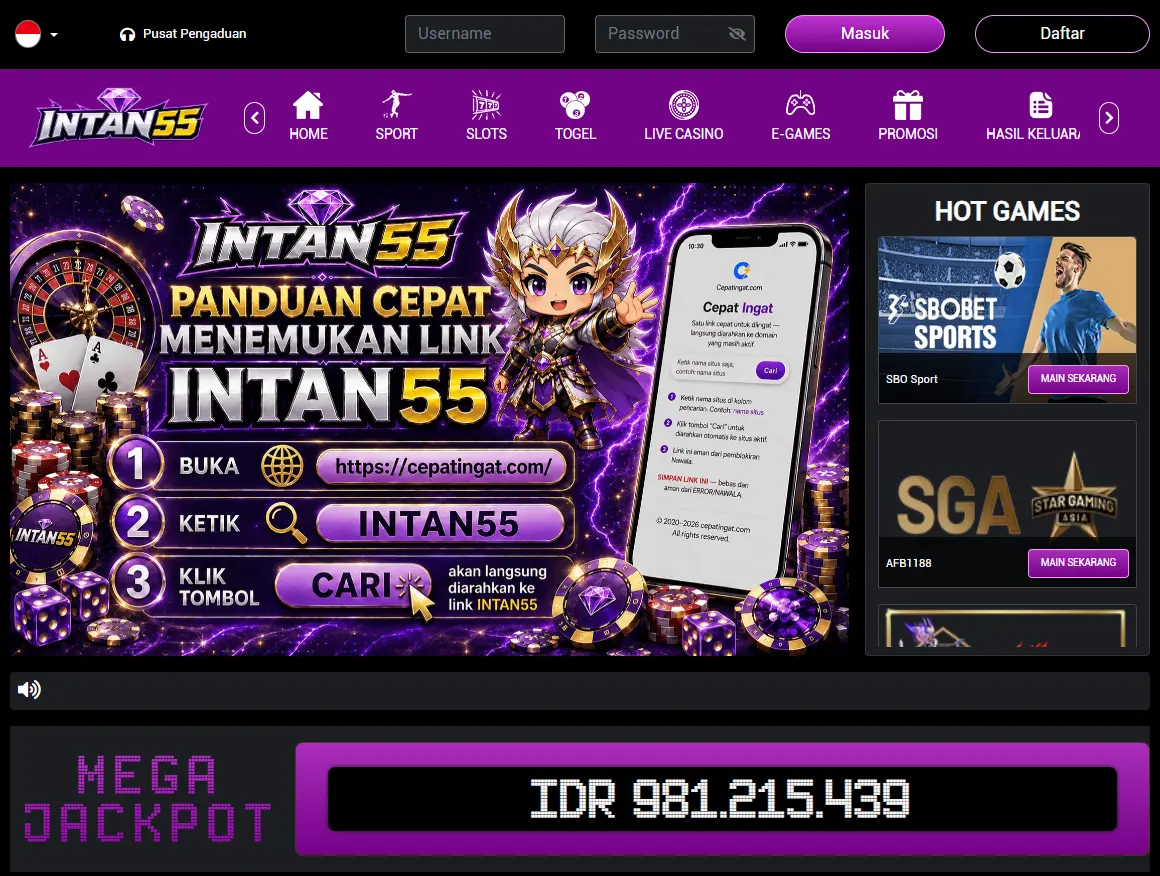 Tampilan halaman INTAN55 pada browser komputer dengan susunan menu desktop