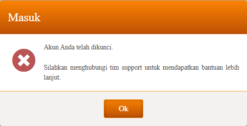 Contoh pesan akun INTAN55 telah dikunci dan instruksi menghubungi tim support